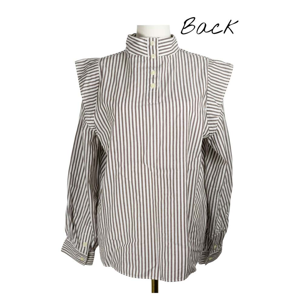 Everlane Size 2 Blouse Mock Neck Ruffled Shoulder Brown Stripe NWOT - Picture 2 of 8